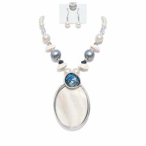 Blue Glass & Shell Statement Necklace Set | White Silver Beaded Fashion Jewelry
